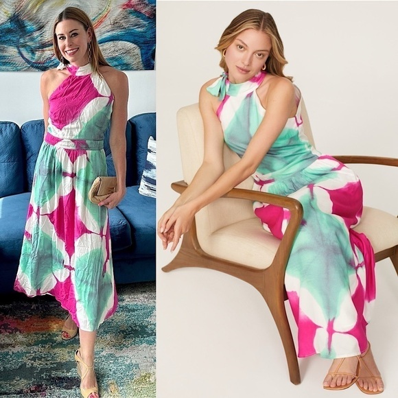 BUSAYO 70s Batik Print Sleeveless Halter Side Tie Neck Fit & Flare Maxi Dress 12 - Picture 1 of 10